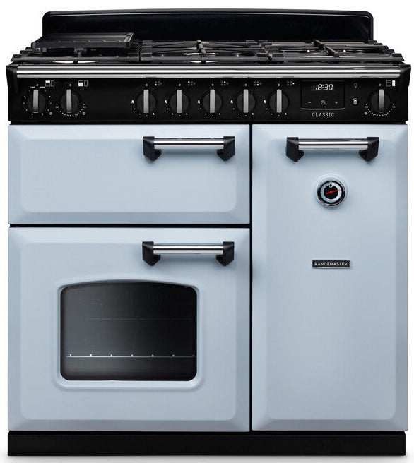 Rangemaster CL90DFPMSB/CM1 Classic 90cm Dual Fuel Range Cooker - Misty Blue/Chrome Trim