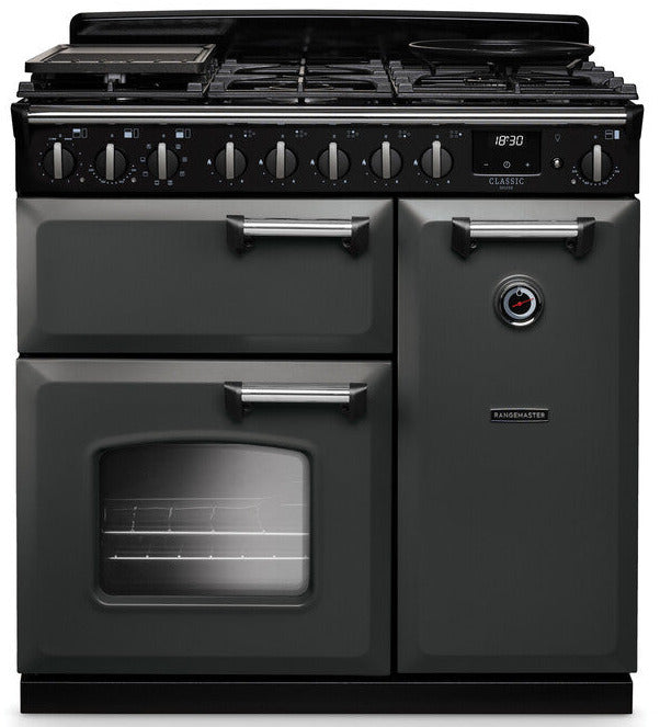 Rangemaster CLDL90DFPSLT/CM1 Classic Deluxe 90cm Dual Fuel Range Cooker - Slate/Chrome Trim