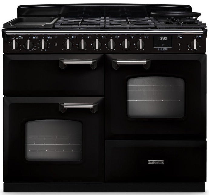Rangemaster CLDLO110DFPGBL/CM1 Classic Deluxe OC 110cm Dual Fuel Range Cooker - Gloss Black/Chrome Trim