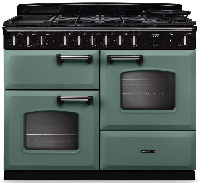Rangemaster CLDLO110DFPMGR/CM1 Classic Deluxe OC 110cm Dual Fuel Range Cooker - Mineral Green/Chrome