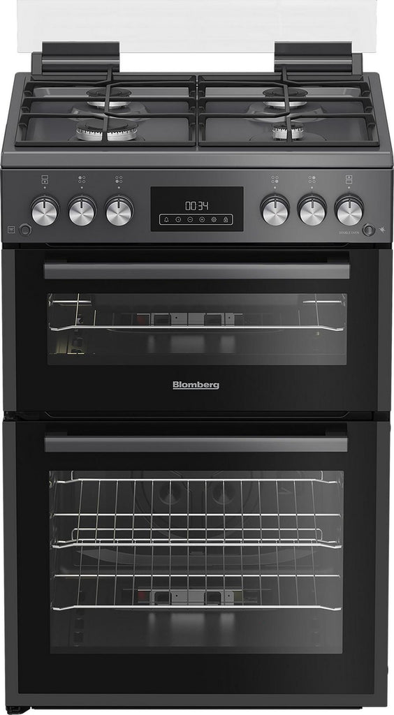 Blomberg GGRN655N 60cm Gas Cooker - Anthracite featuring four burners and double oven for versatile cooking.