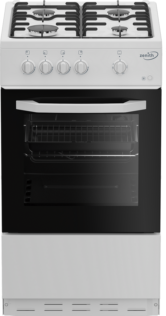 Zenith ZE501W 50cm Gas Cooker - White features a 4-burner hob and easy-clean enamel for efficient cooking.