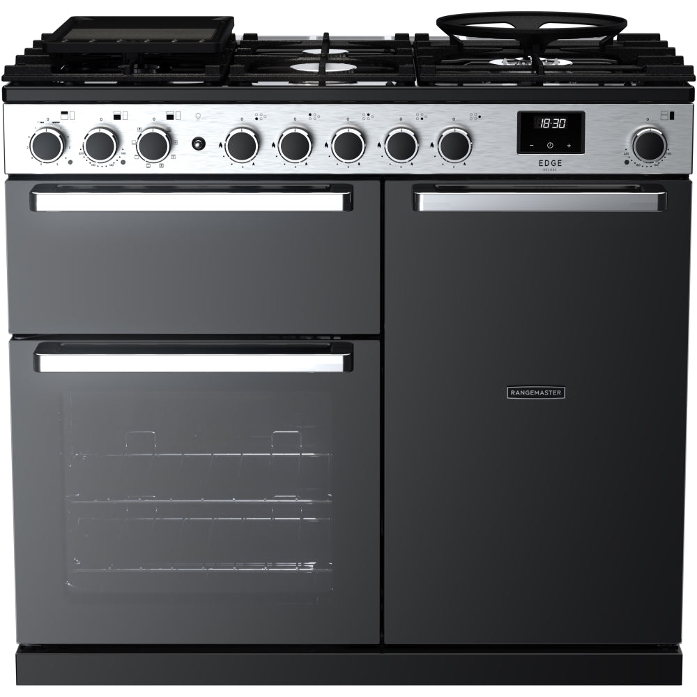 Rangemaster EDDL100DFGBLK/CM1 Edge Deluxe 100cm Dual Fuel Range Cooker - Black Glass/Chrome Trim