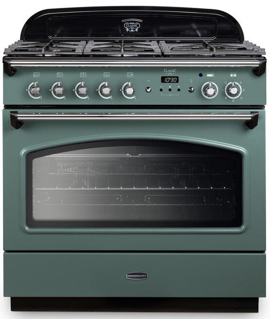 Rangemaster CLAS90FXDFFMG/C Classic FX 90cm Dual Fuel Range Cooker - Mineral Green/Chrome Trim