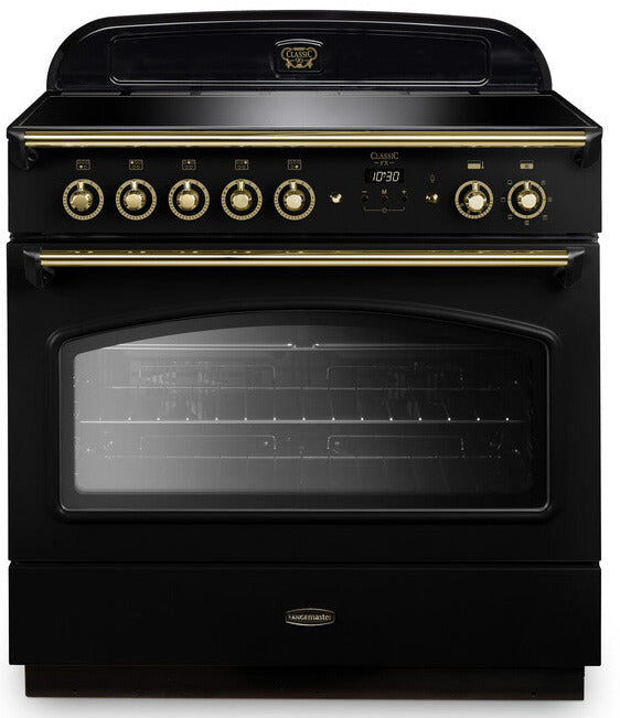 Rangemaster CLAS90FXEIBL/B Classic FX 90cm Electric Range Cooker with Induction Hob - Black/Brass Trim