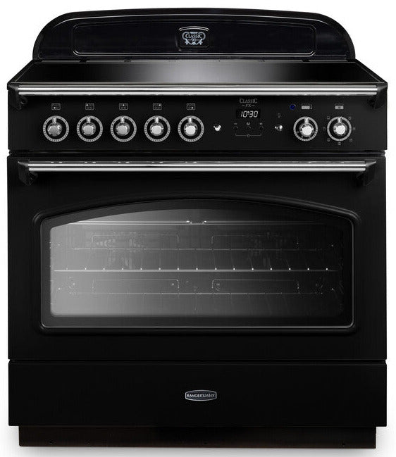 Rangemaster CLAS90FXEIBL/C Classic FX 90cm Electric Range Cooker with Induction Hob - Black/Chrome Trim