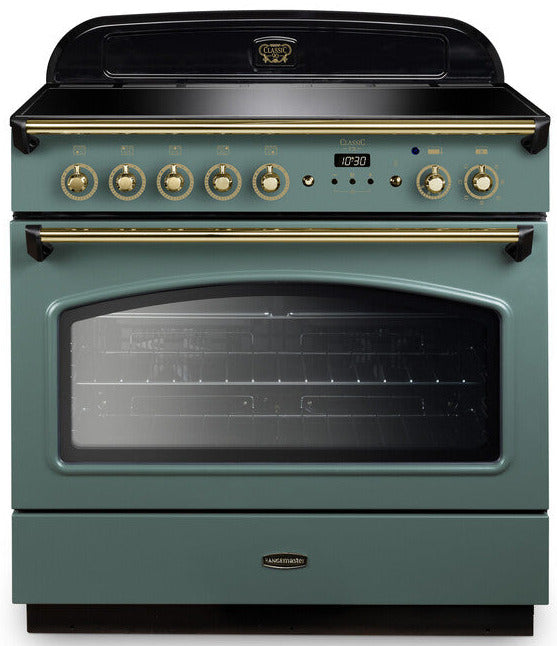 Rangemaster CLAS90FXEIMG/B Classic FX 90cm Electric Range Cooker with Induction Hob - Mineral Green/Brass Trim