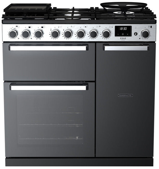Rangemaster EDDL90DFGBLK/CM1 Edge Deluxe 90cm Dual Fuel Range Cooker - Black Glass/Chrome Trim