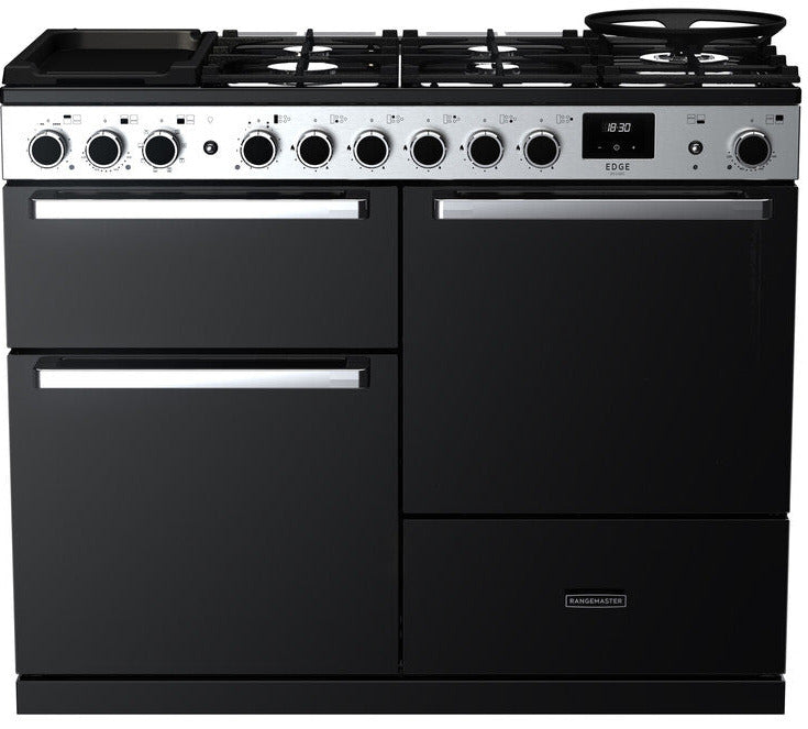 Rangemaster EDDLO110DFGBLK/CM1 Edge Deluxe OC 110cm Dual Fuel Range Cooker - Black Glass/Chrome Trim