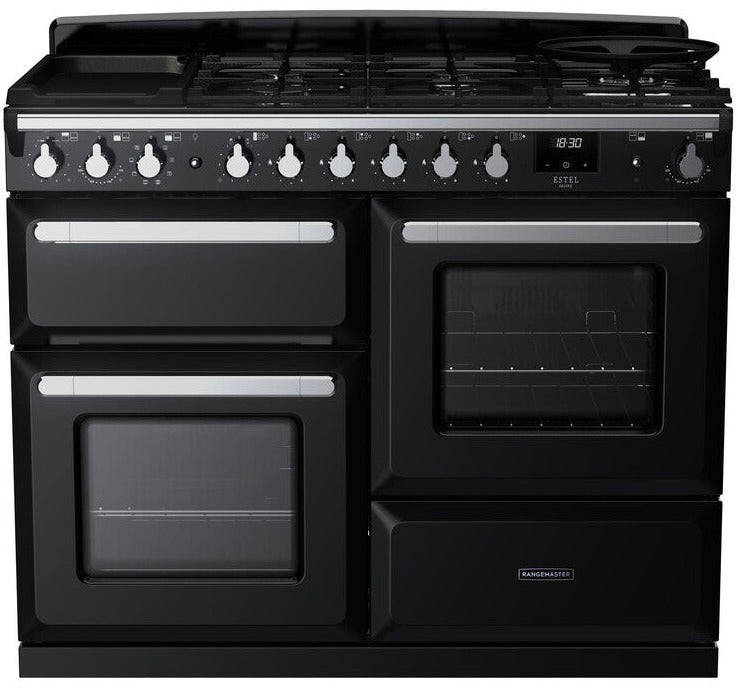 Rangemaster ESDLO110DFPGBL/CM1 Estel Deluxe OC 110cm Dual Fuel Range Cooker - Gloss Black/Chrome Trim