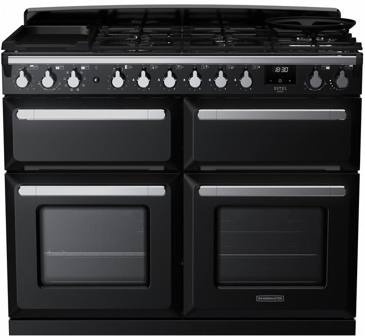 Rangemaster ESDLB110DFPGBL/CM1 Estel Deluxe BC 110cm Dual Fuel Range Cooker - Gloss Black/Chrome Trim