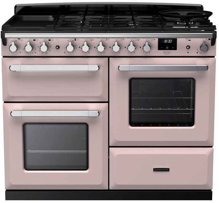 Rangemaster ESDLO110DFPPPK/CM1 Estel Deluxe OC 110cm Dual Fuel Range Cooker - Pale Pink/Chrome Trim