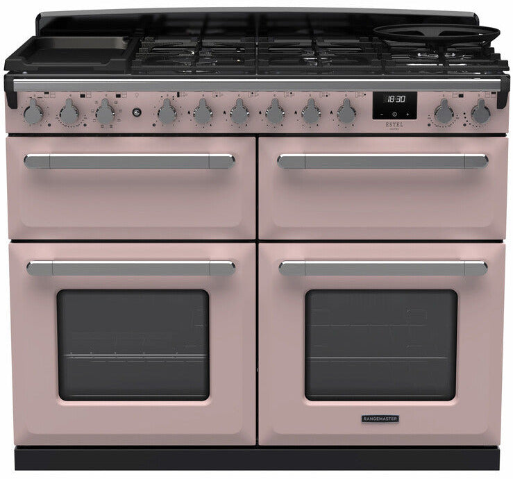 Rangemaster ESDLB110DFPPPK/CM1 Estel Deluxe BC 110cm Dual Fuel Range Cooker - Pale Pink/Chrome Trim
