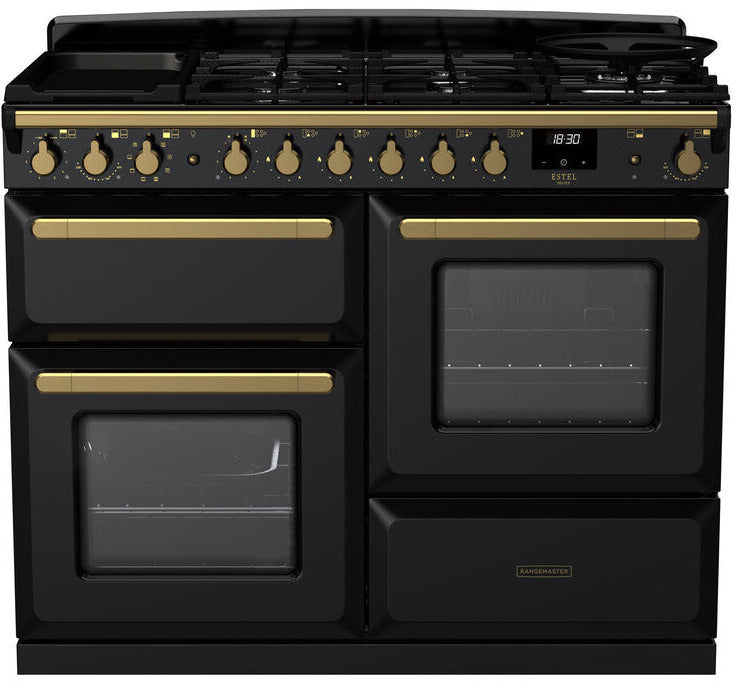 Rangemaster ESDLO110DFPGBL/AB1 Estel Deluxe OC 110cm Dual Fuel Range Cooker - Gloss Black/Antique Brass Trim