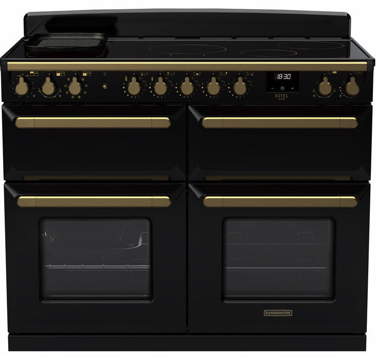Rangemaster ESDLB110EIPGBL/AB1 Estel Deluxe BC 110cm Induction Range Cooker - Gloss Black/Antique Brass Trim