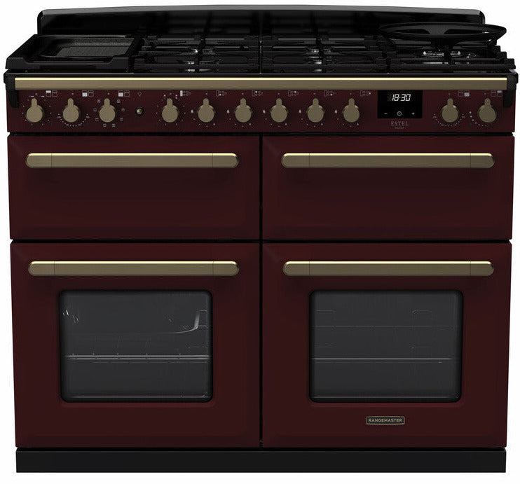 Rangemaster ESDLB110DFPBOR/AB1 Estel Deluxe BC 110cm Dual Fuel Range Cooker - Bordeaux/Antique Brass Trim
