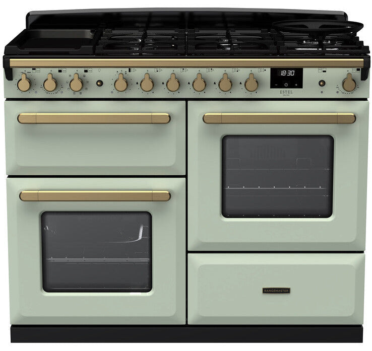 Rangemaster ESDLO110DFPMNT/AB1 Estel Deluxe OC 110cm Dual Fuel Range Cooker - Mint/Antique Brass Trim