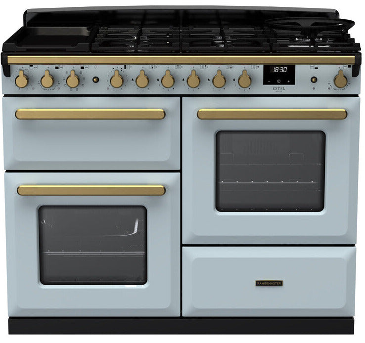 Rangemaster ESDLO110DFPMSB/AB1 Estel Deluxe OC 110cm Dual Fuel Range Cooker - Misty Blue/Antique Brass Trim