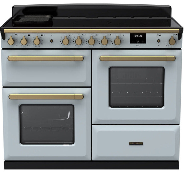 Rangemaster ESDLO110EIPMSB/AB1 Estel Deluxe OC 110cm Induction Range Cooker - Misty Blue/Antique Brass Trim