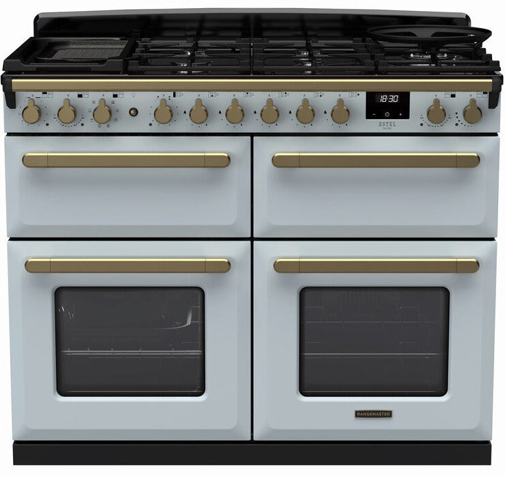 Rangemaster ESDLB110DFPMSB/AB1 Estel Deluxe BC 110cm Dual Fuel Range Cooker - Misty Blue/Antique Brass Trim