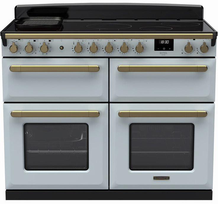 Rangemaster ESDLB110EIPMSB/AB1 Estel Deluxe BC 110cm Induction Range Cooker - Misty Blue/Antique Brass Trim