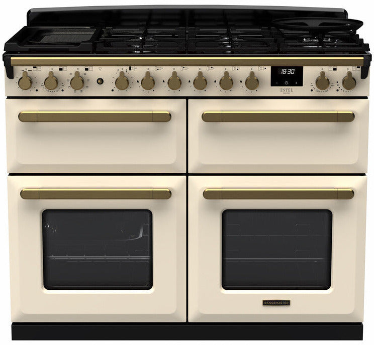 Rangemaster ESDLB110DFPPCR/AB1 Estel Deluxe BC 110cm Dual Fuel Range Cooker - Pale Cream/Antique Brass Trim