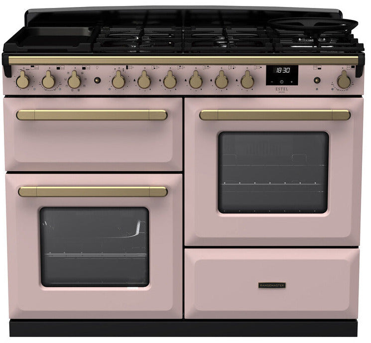 Rangemaster ESDLO110DFPPPK/AB1 Estel Deluxe OC 110cm Dual Fuel Range Cooker - Pale Pink/Antique Brass Trim
