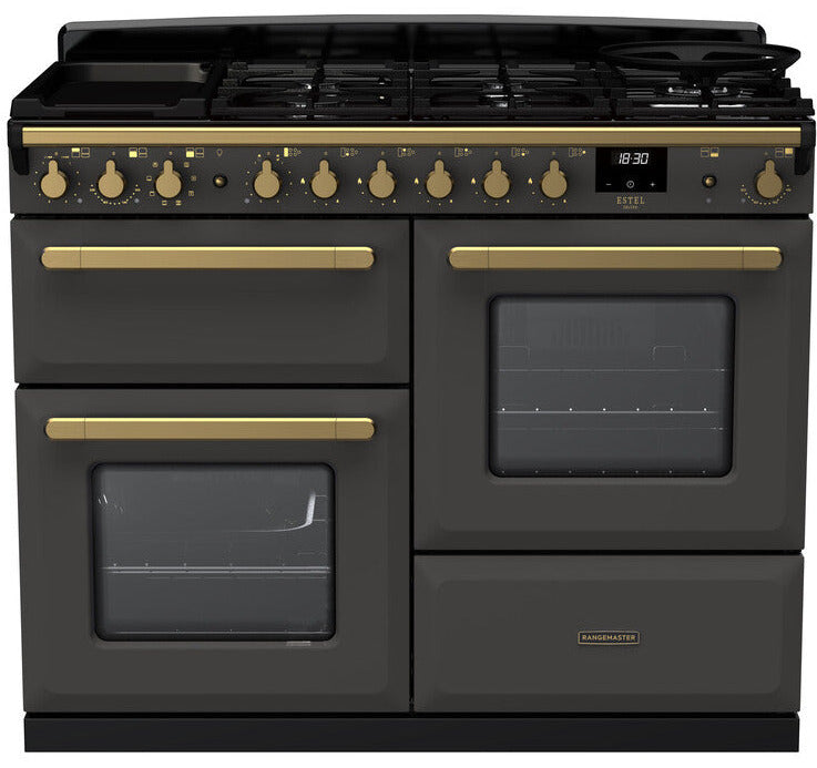 Rangemaster ESDLO110DFPSLT/AB1 Estel Deluxe OC 110cm Dual Fuel Range Cooker - Slate/Antique Brass Trim