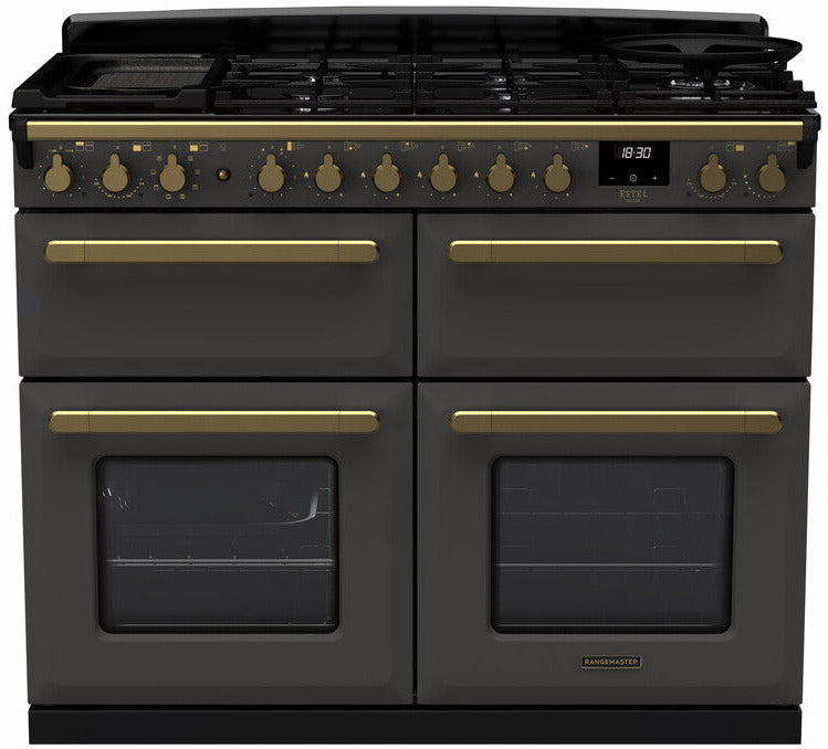 Rangemaster ESDLB110DFPSLT/AB1 Estel Deluxe BC 110cm Dual Fuel Range Cooker - Slate/Antique Brass Trim