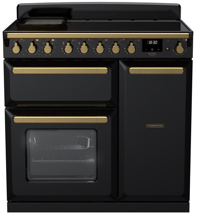 Rangemaster ESDL90EIPGBL/AB1 Estel Deluxe 90cm Induction Range Cooker - Gloss Black/Antique Brass Trim