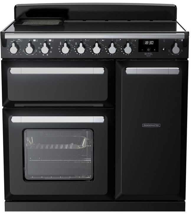 Rangemaster ESDL90EIPGBL/CM1 Estel Deluxe 90cm Induction Range Cooker - Gloss Black/Chrome Trim