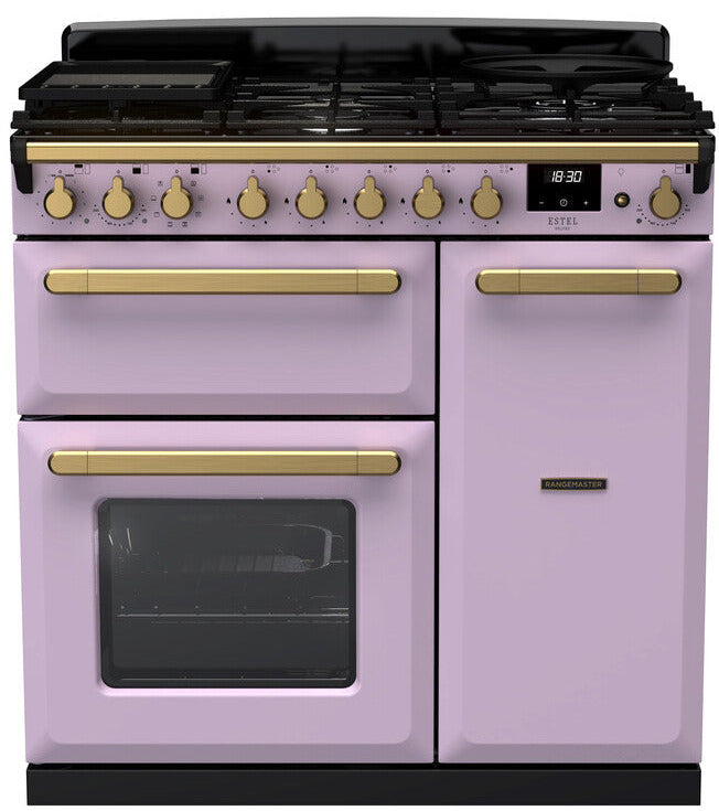 Rangemaster ESDL90DFPHTH/AB1 Estel Deluxe 90cm Dual Fuel Range Cooker - Heather/Antique Brass Trim