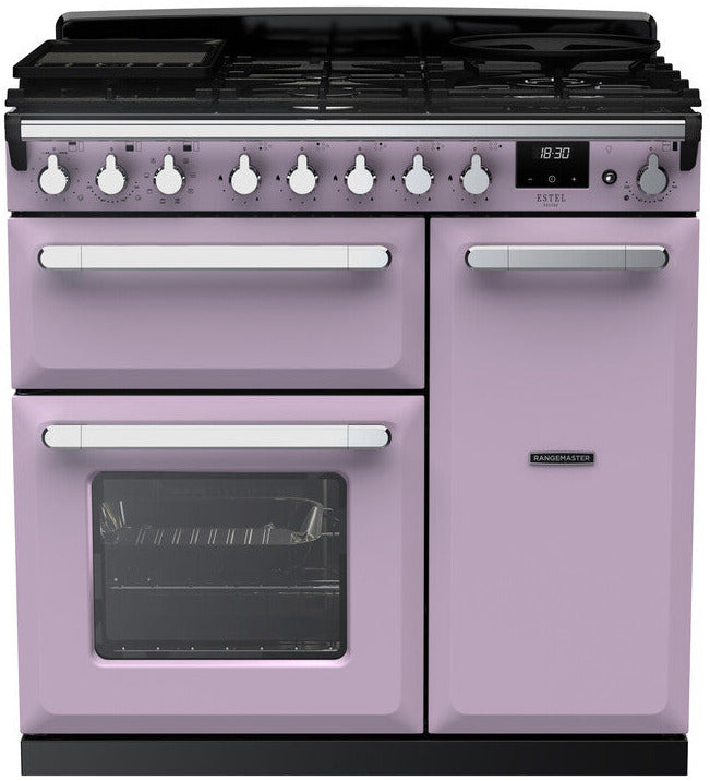 Rangemaster ESDL90DFPHTH/CM1 Estel Deluxe 90cm Dual Fuel Range Cooker - Heather/Chrome Trim