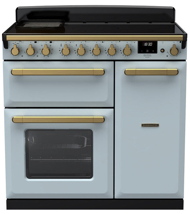 Rangemaster ESDL90EIPMSB/AB1 Estel Deluxe 90cm Induction Range Cooker - Misty Blue/Antique Brass Trim