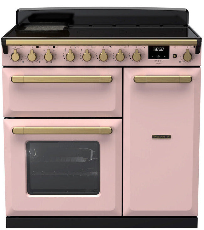 Rangemaster ESDL90EIPPPK/AB1 Estel Deluxe 90cm Induction Range Cooker - Pale Pink/Antique Brass Trim