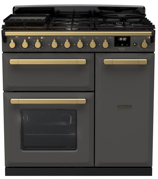 Rangemaster ESDL90DFPSLT/AB1 Estel Deluxe 90cm Dual Fuel Range Cooker - Slate/Antique Brass Trim