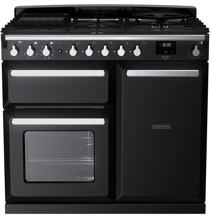 Rangemaster ESDL100DFPGBL/CM1 Estel Deluxe 100cm Dual Fuel Range Cooker - Gloss Black/Chrome Trim