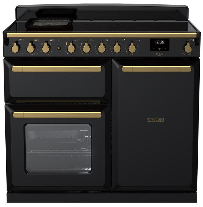 Rangemaster ESDL100EIPGBL/AB1 Estel Deluxe 100cm Induction Range Cooker - Gloss Black/Antique Brass Trim