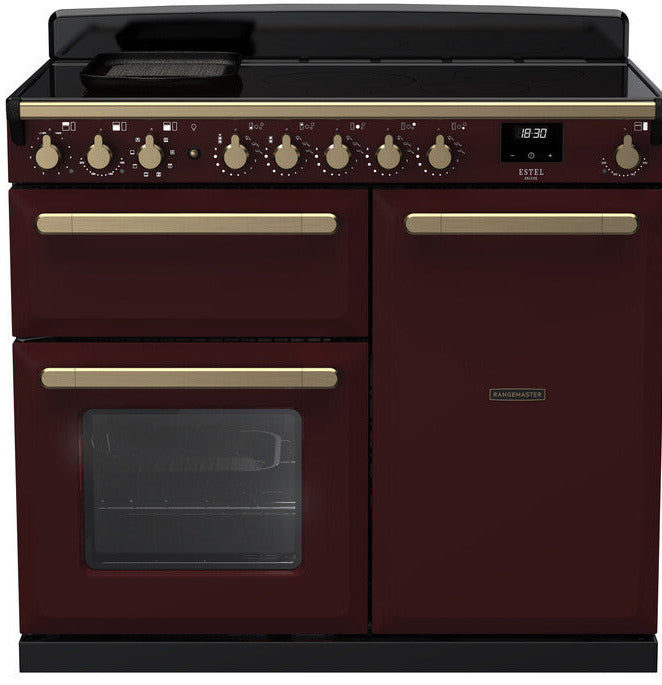 Rangemaster ESDL100EIPBOR/AB1 Estel Deluxe 100cm Induction Range Cooker - Bordeaux/Antique Brass Trim