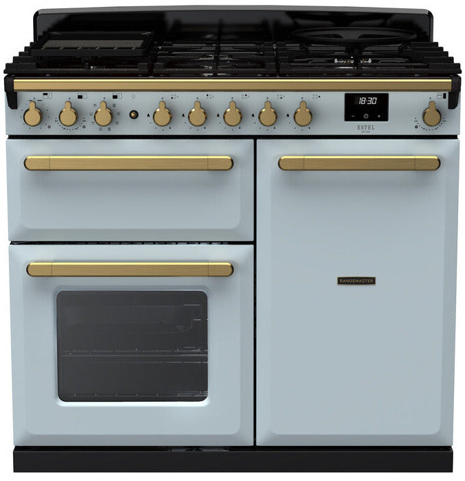 Rangemaster ESDL100DFPMSB/AB1 Estel Deluxe 100cm Dual Fuel Range Cooker - Misty Blue/Antique Brass Trim