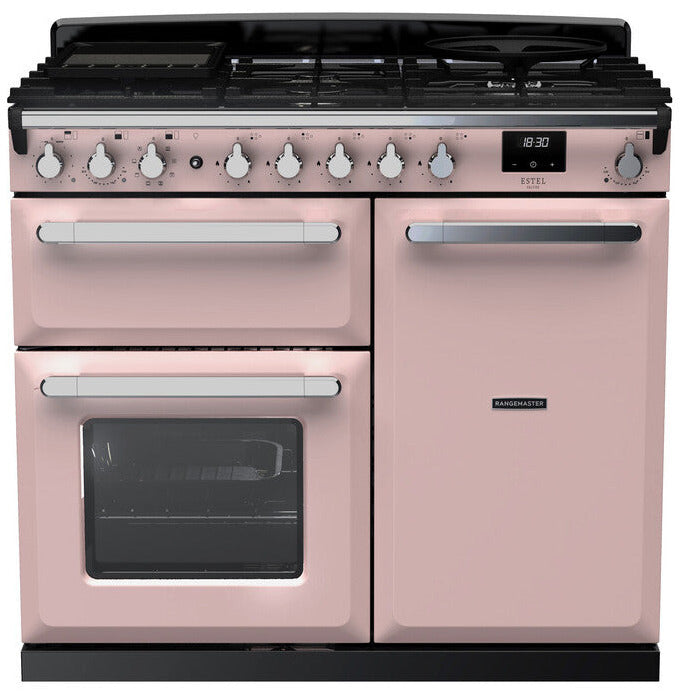 Rangemaster ESDL100DFPPPK/CM1 Estel Deluxe 100cm Dual Fuel Range Cooker - Pale Pink/Chrome Trim