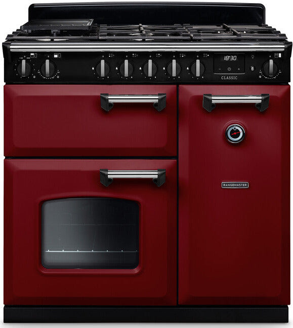 Rangemaster CL90DFPBOR/CM1 Classic 90cm Dual Fuel Range Cooker - Bordeaux/Chrome Trim