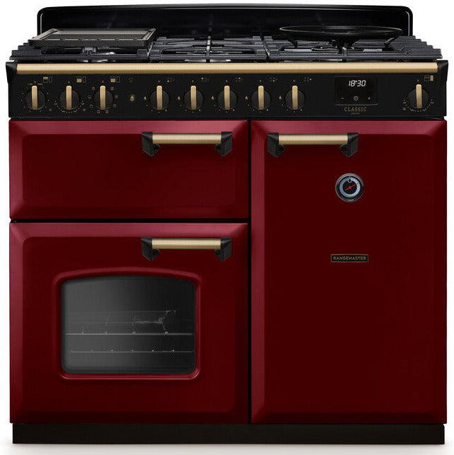 Rangemaster CLDL100DFPBOR/AB1 Classic Deluxe 100cm Dual Fuel Range Cooker - Bordeaux/Antique Brass Trim