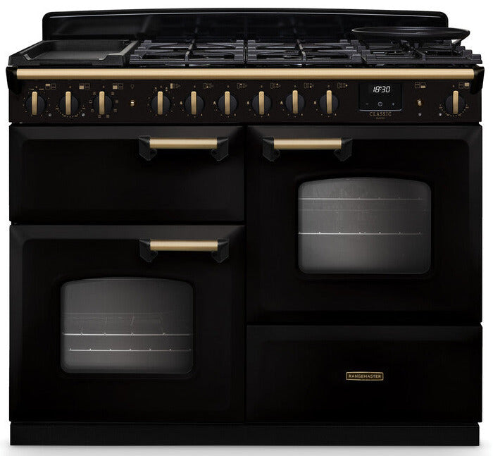 Rangemaster CLDLO110DFPGBL/AB1 Classic Deluxe OC 110cm Dual Fuel Range Cooker - Gloss Black/Antique Brass Trim