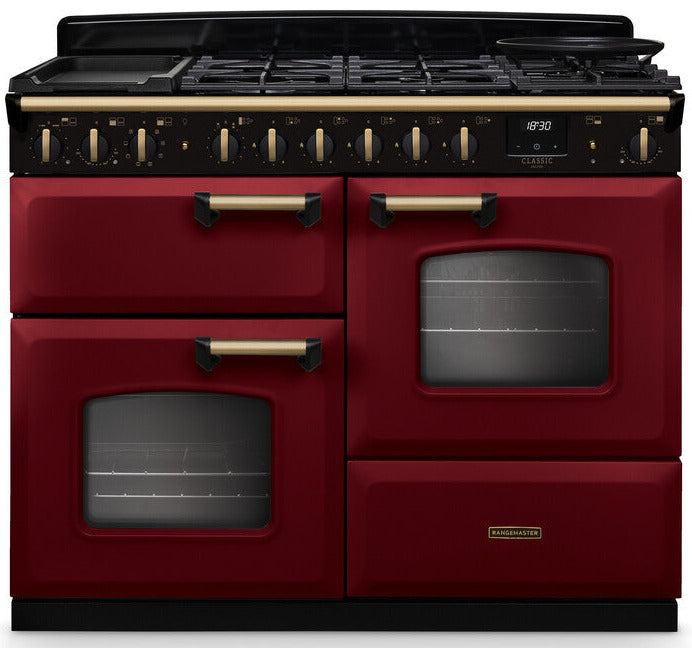 Rangemaster CLDLO110DFPBOR/AB1 Classic Deluxe OC 110cm Dual Fuel Range Cooker - Bordeaux/Antique Brass Trim