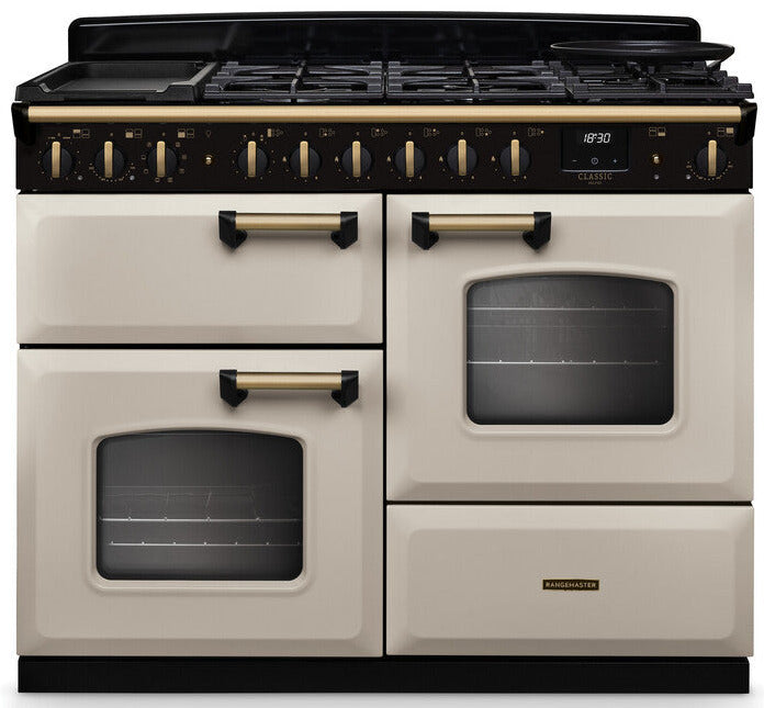 Rangemaster CLDLO110DFPPCR/AB1 Classic Deluxe OC 110cm Dual Fuel Range Cooker - Pale Cream/Antique Brass Trim