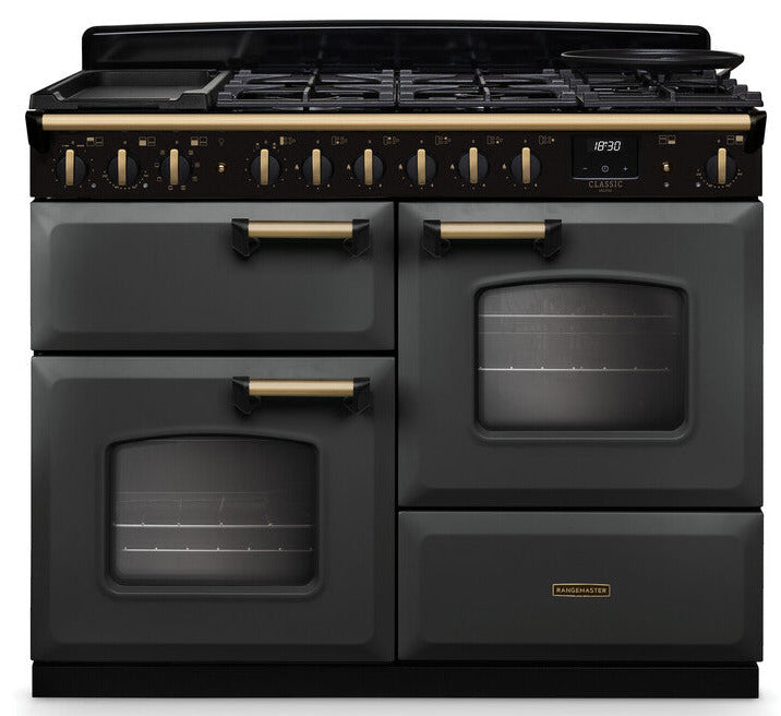 Rangemaster CLDLO110DFPSLT/AB1 Classic Deluxe OC 110cm Dual Fuel Range Cooker - Slate/Antique Brass Trim