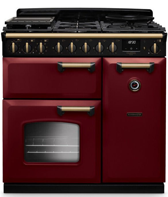 Rangemaster CLDL90DFPBOR/AB1 Classic Deluxe 90cm Dual Fuel Range Cooker - Bordeaux/Antique Brass Trim