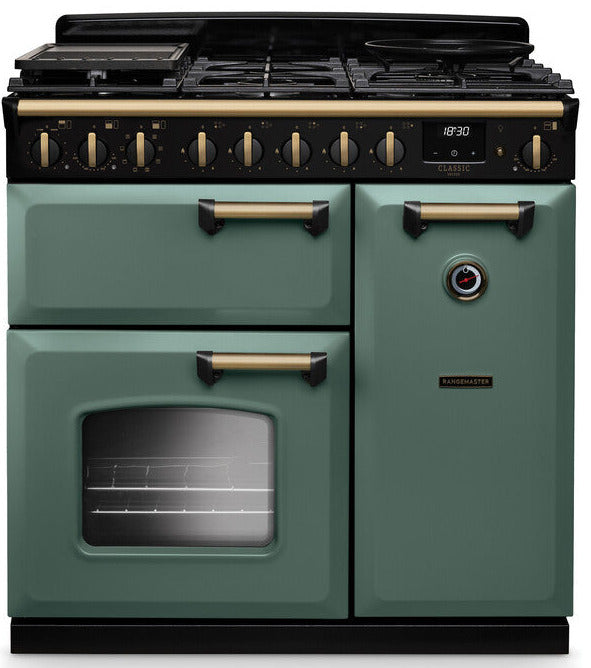 Rangemaster CLDL90DFPMGR/AB1 Classic Deluxe 90cm Dual Fuel Range Cooker - Mineral Green/Antique Brass Trim