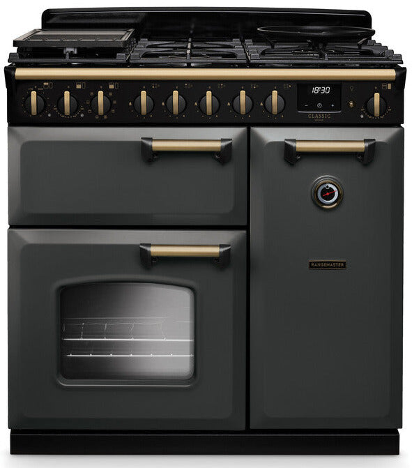Rangemaster CLDL90DFPSLT/AB1 Classic Deluxe 90cm Dual Fuel Range Cooker - Slate/Antique Brass Trim